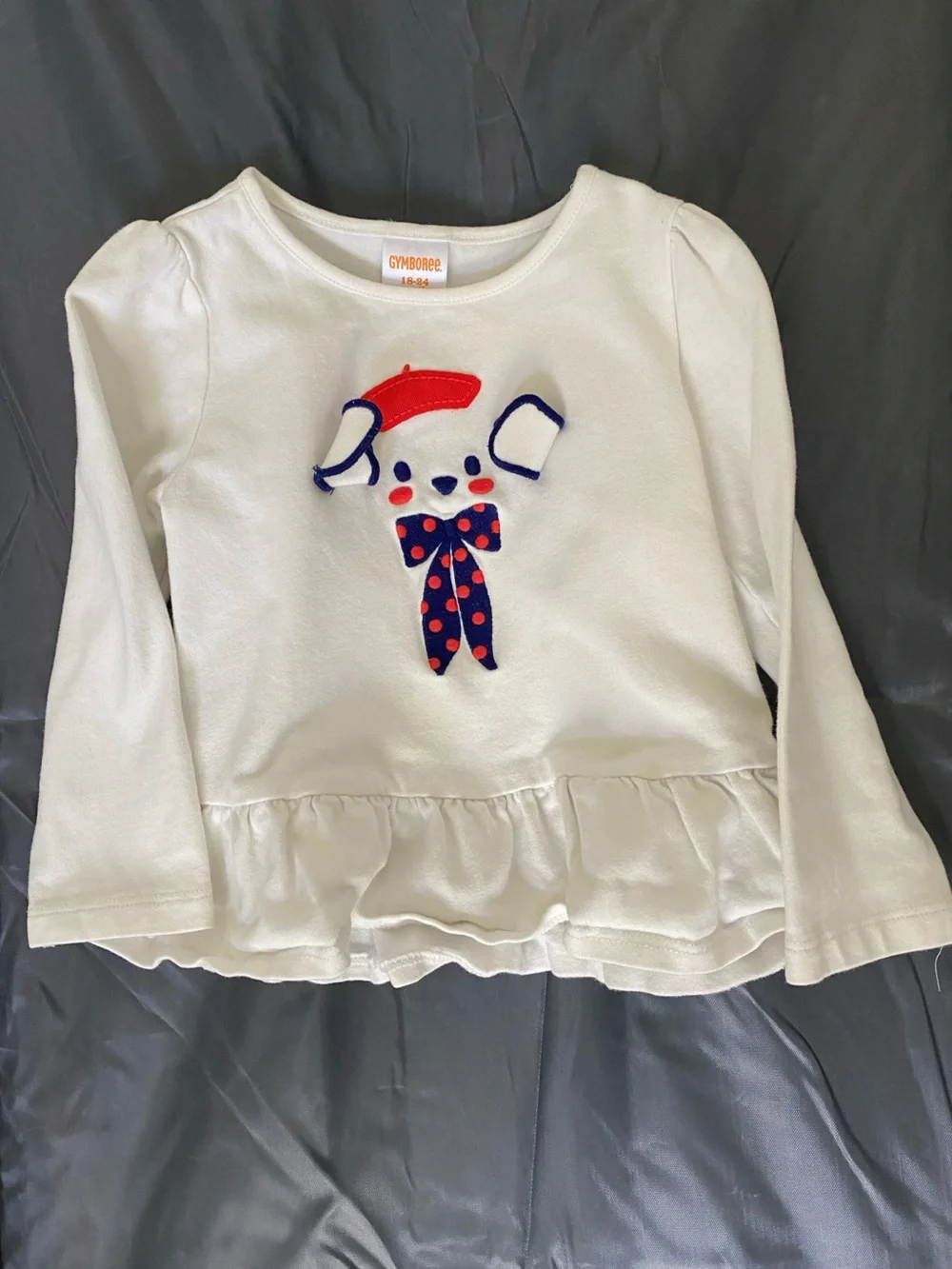 Gymboree White Long-Sleeve Top with Red & Navy Dog Applique and Ruffle Hem